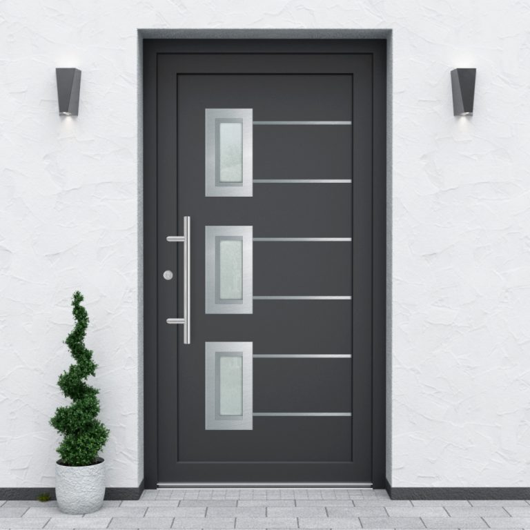 Türfüllung Design 1143 in Anthrazit mit drei Glaseinsätzen und mit 6 schmalen Edelstahl-Applikationen