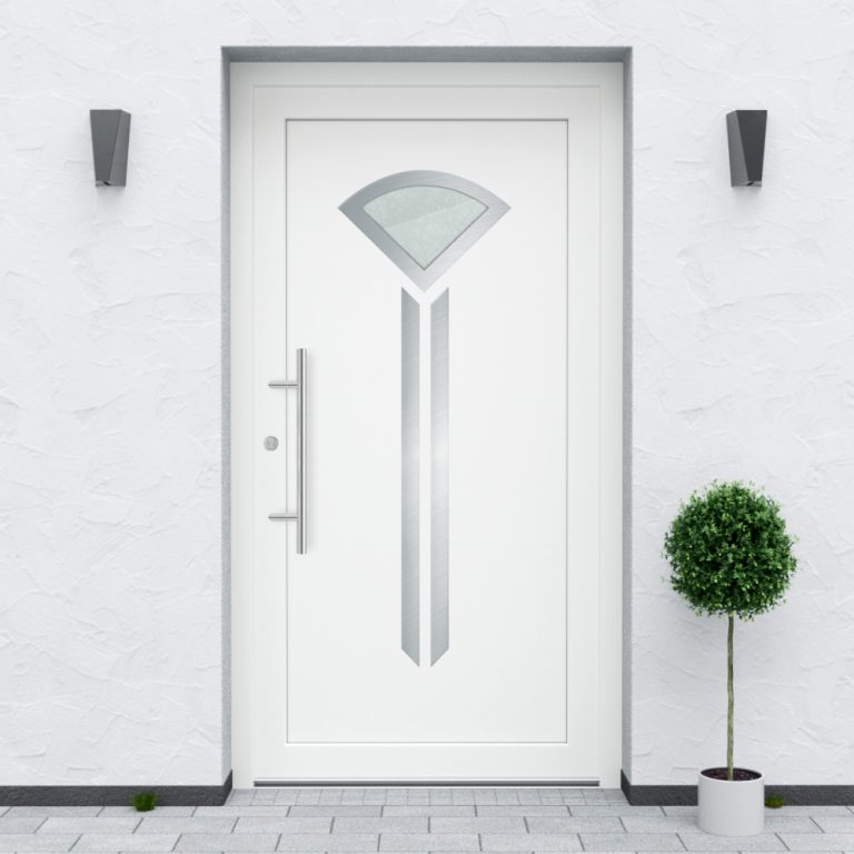 Türfüllung Design 510 in Weiß mit Glaseinsatz und zwei Edelstahl-Applikationen