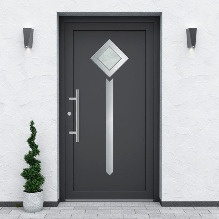 Türfüllung Design 525 in Anthrazit mit einem Glaseinsatz und Edelstahl-Applikationen