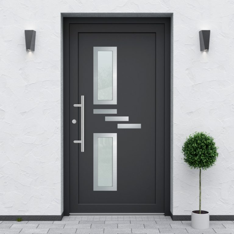 Türfüllung Design 550 in Anthrazit mit zwei breiten Glaseinsätzen und drei Edelstahl-Applikationen