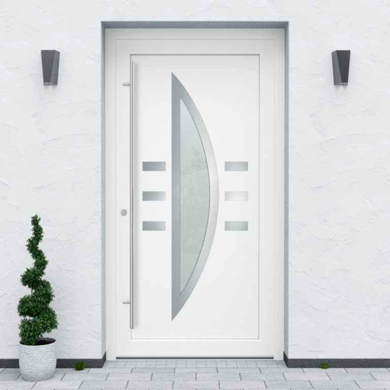 Türfüllung Design 632 in Weiß mit Glaseinsatz und sechs kleinen Edelstahl-Applikationen