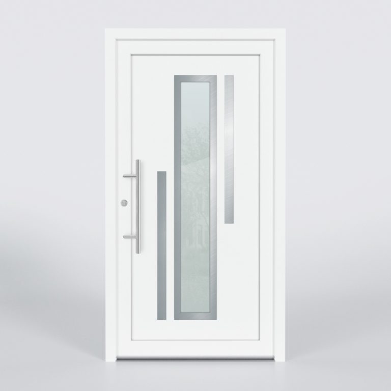 Türfüllung Design 660 in Weiß mit breitem Glaseinsatz und zwei Edelstahl-Applikationen
