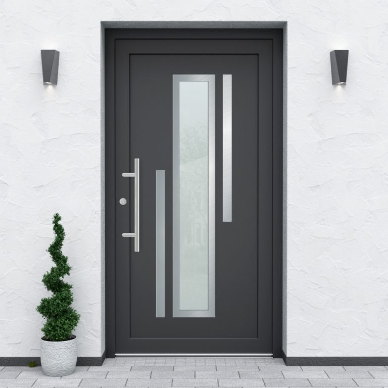 Türfüllung Design 660 in Anthrazit mit breitem Glaseinsatz und zwei Edelstahl-Applikationen