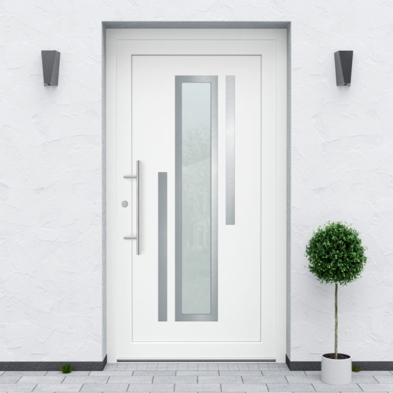 Türfüllung Design 660 in Weiß mit breitem Glaseinsatz und zwei Edelstahl-Applikationen