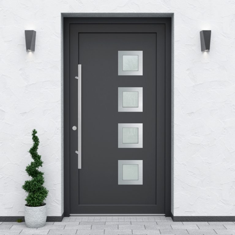 Türfüllung Design 726 in Anthrazit mit vier quadartischen Glaseinsätzen