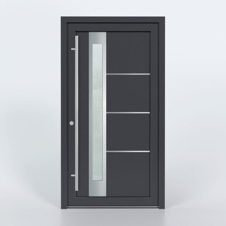 Türfüllung Design 841 in Anthrazit mit schmalem Glaseinsatz und drei Edelstahl-Applikationen