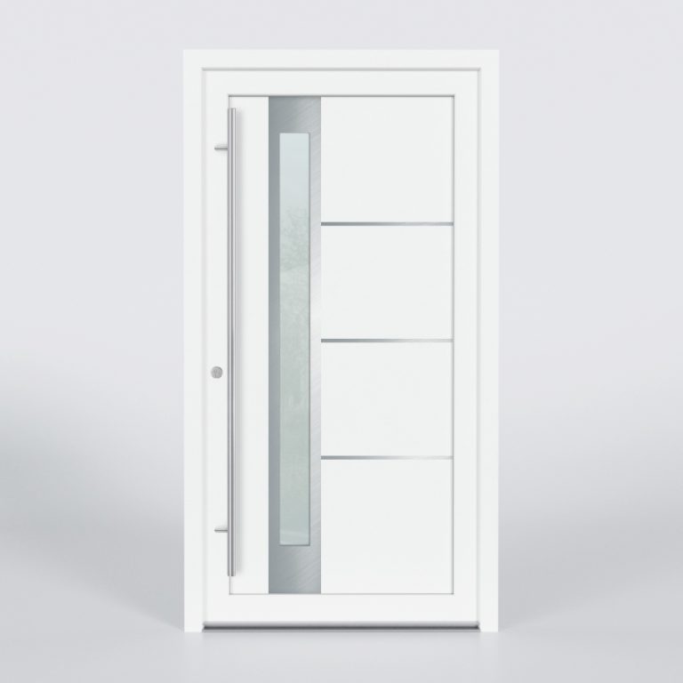 Türfüllung Design 841 in Weiß mit schmalem Glaseinsatz und drei Edelstahl-Applikationen