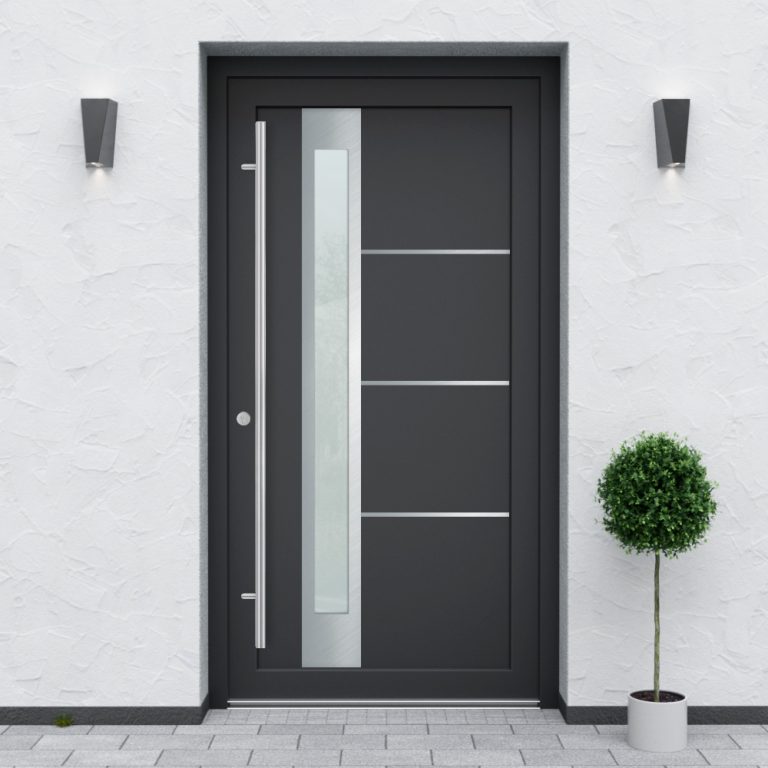 Türfüllung Design 841 in Anthrazit mit schmalem Glaseinsatz und drei Edelstahl-Applikationen