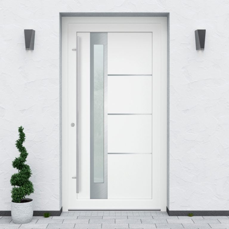 Türfüllung Design 841 in Weiß mit schmalem Glaseinsatz und drei Edelstahl-Applikationen