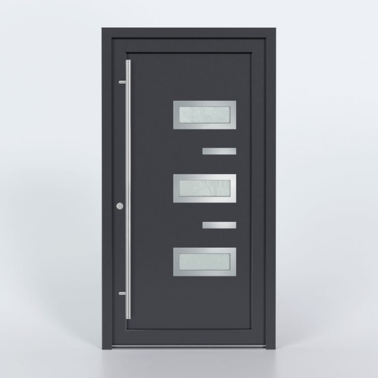 Türfüllung Design 867 in Anthrazit mit drei Glaseinsätzen und 2 Edelstahl-Applikationen