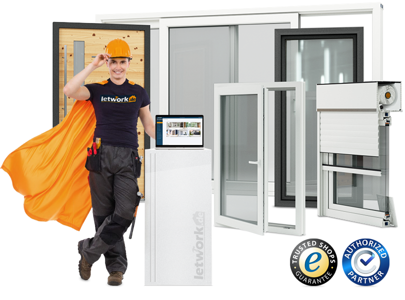 Letwork Bannerbild mit Superheld-Handwerker im Vordergrund und Bauelementen im Hintergrund